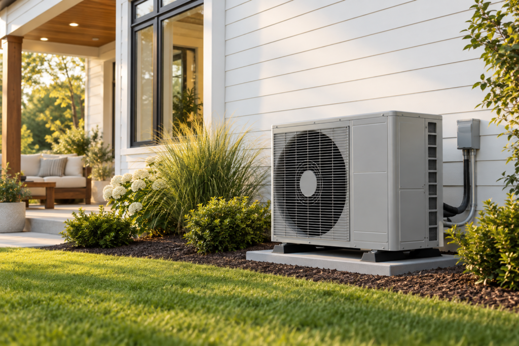 A residential heat pump located in the front yard, featuring a compact design amidst greenery.